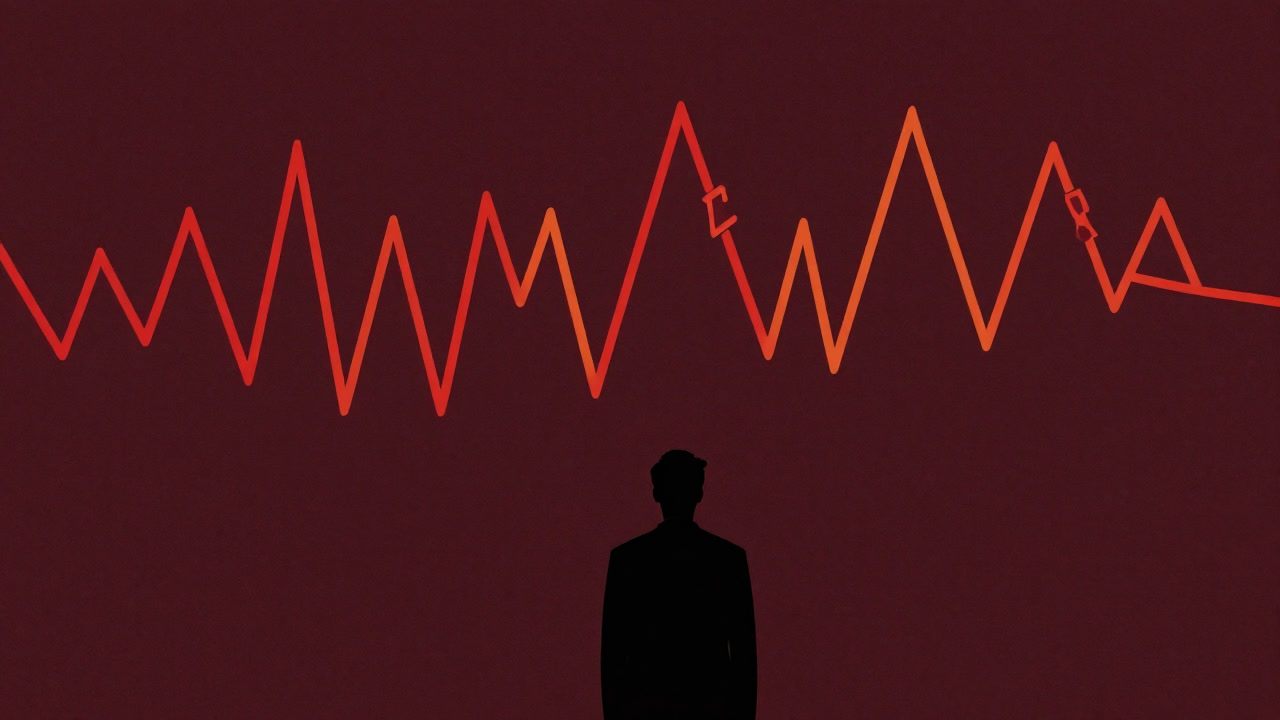 Image of a silhouetted businessman staring into the void as a wave of warming graphed lines approaches