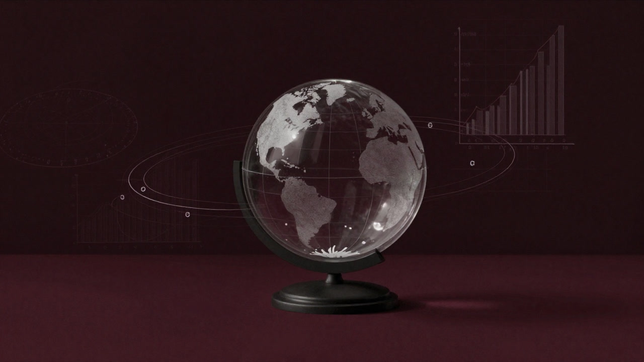 荒涼とした地球儀がガラスケースに収められ、数字の嵐が周囲を吹き荒れるイラスト