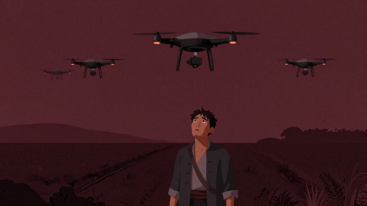 Image of advanced drones buzzing over lush fields while a farmer stands below looking bewildered