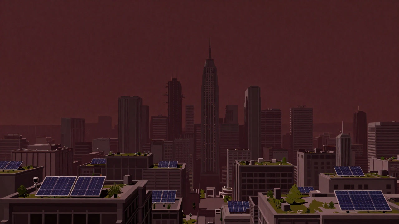 未来都市のパノラマにセンサーと緑地帯が散りばめられ、どこか空虚な表情を浮かべる街並みの画像