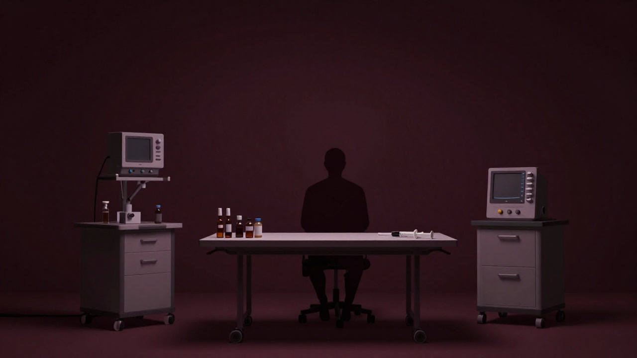 Silhouette of a volunteer standing in a hospital ward surrounded by vials and syringes.