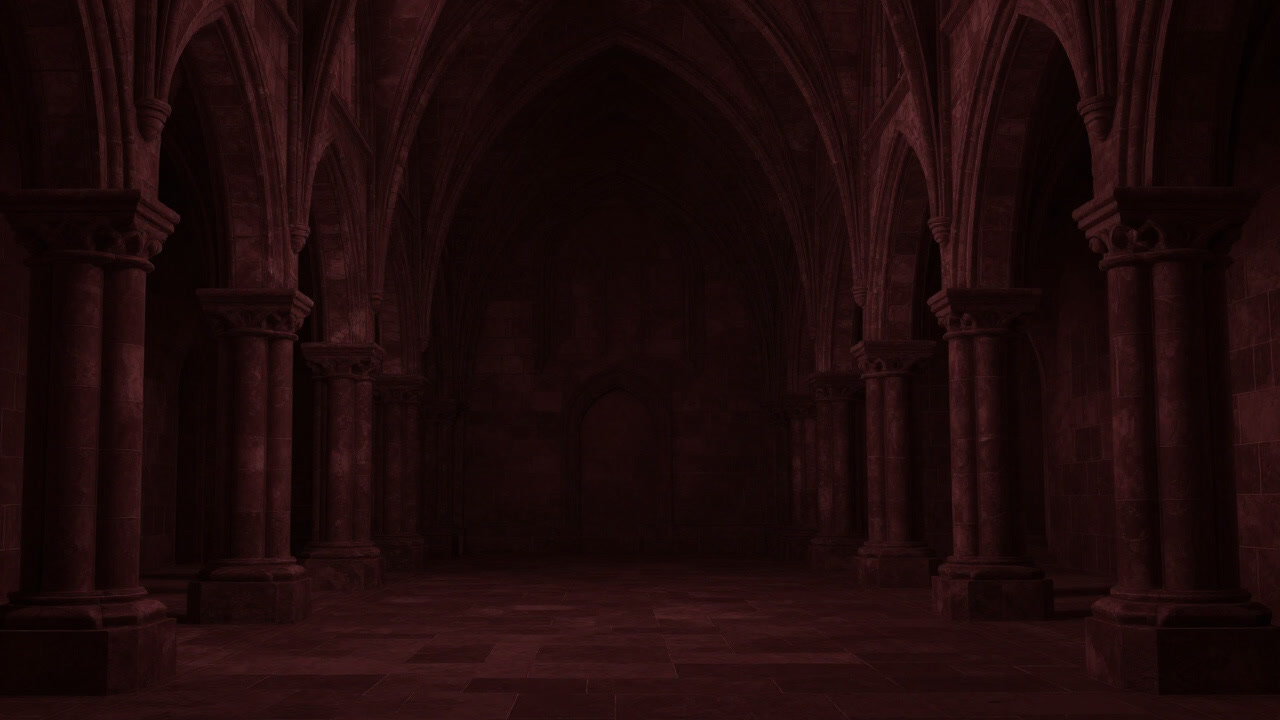 A dimly lit stone cloister in a monastery, viewed from above