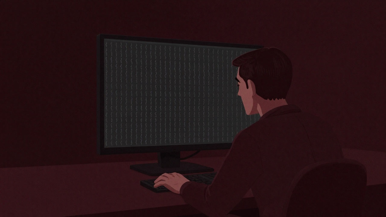 Illustration of a developer's weary eyes staring at a terminal screen buried under countless parentheses