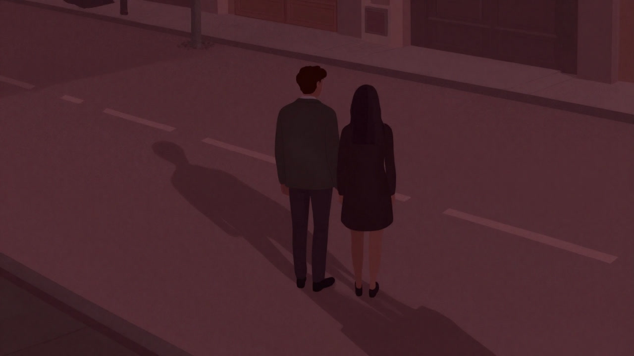 Two silhouettes of friends leaning together on a city corner at dusk