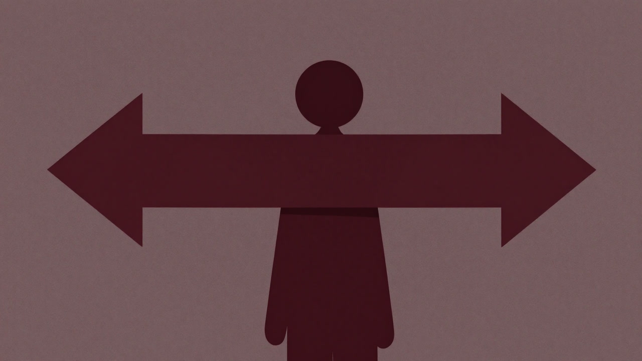 Illustration of a person surrounded by arrows forcing a binary choice