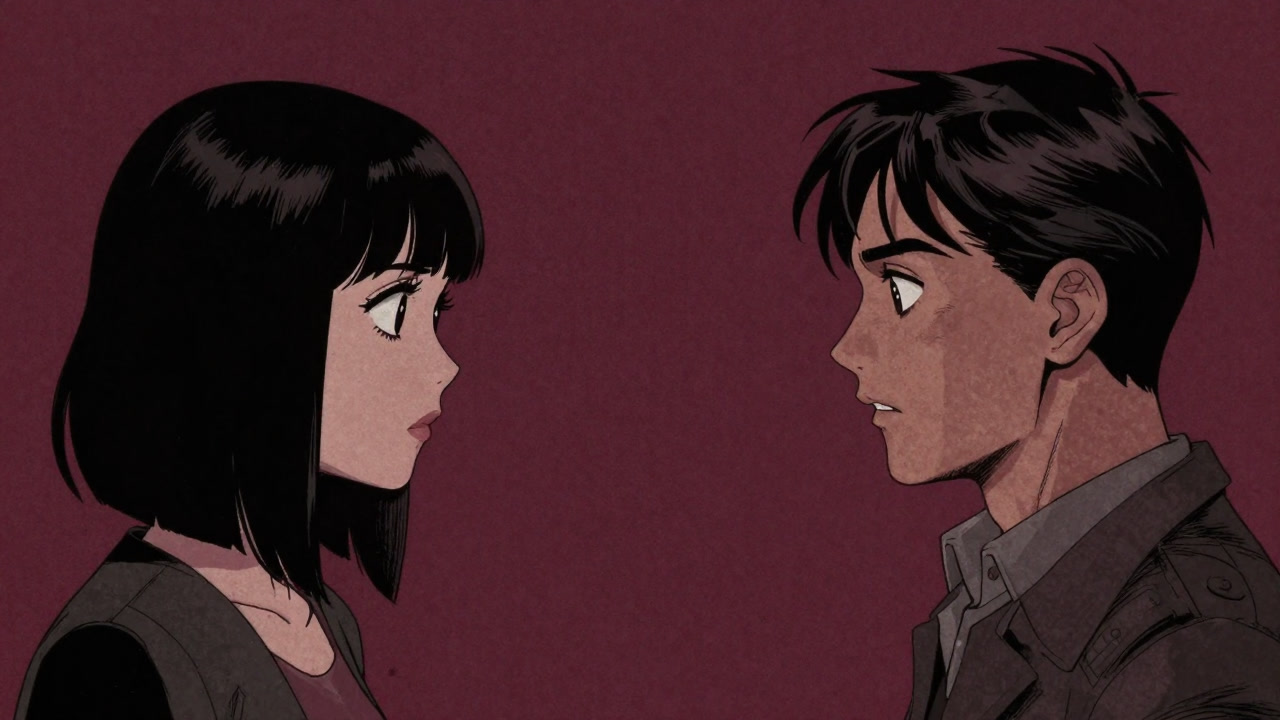 漫画風に、二人のキャラクターがパーソナルスペースを完全無視して鼻先をくっつけているシーン