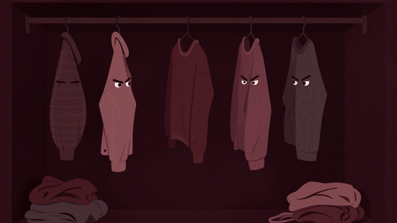 薄暗いクローゼットの中、ぎゅうぎゅう詰めの服が不満そうにひしめき合う様子