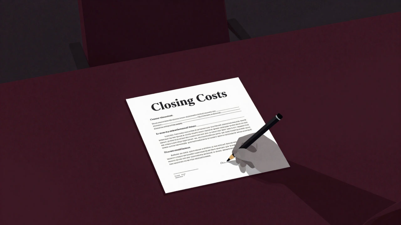 暗い会議室で、契約書の上に影のように落ちる「クロージング費用」の文字のイラスト