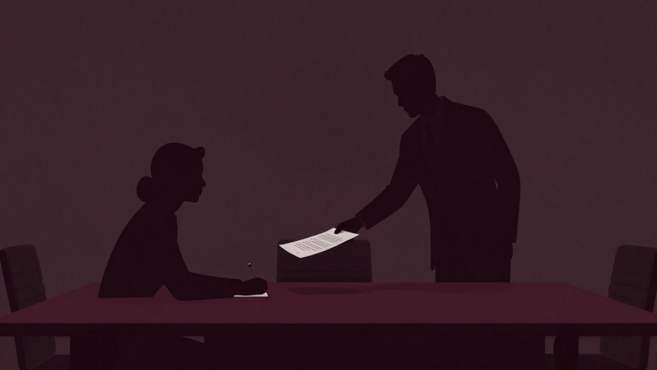 Silhouette of a salesperson pressing a contract toward a hesitant client across a conference table