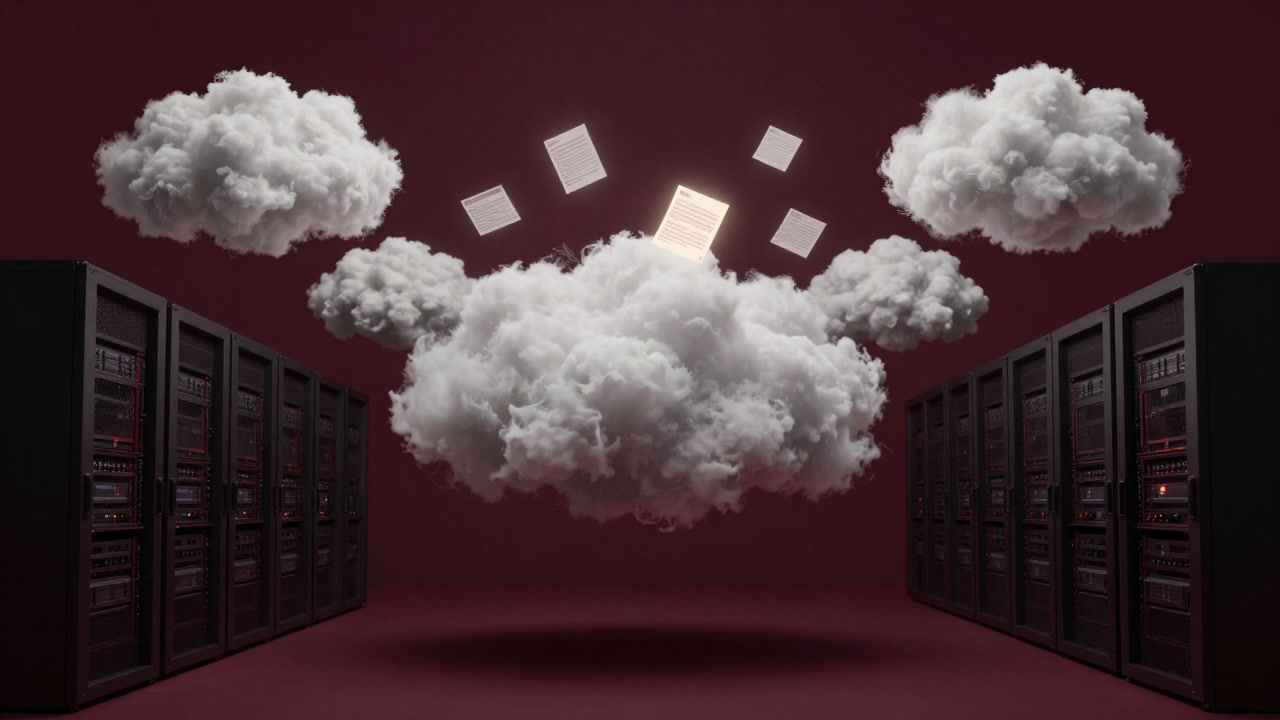 Illustration of clouds floating above a dark server room with dancing data files inside the clouds