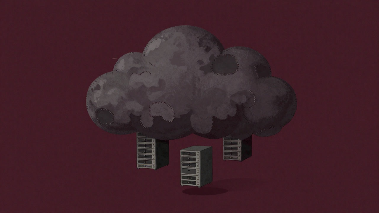 A cluster of servers shaped like clouds patching themselves together and wobbling precariously