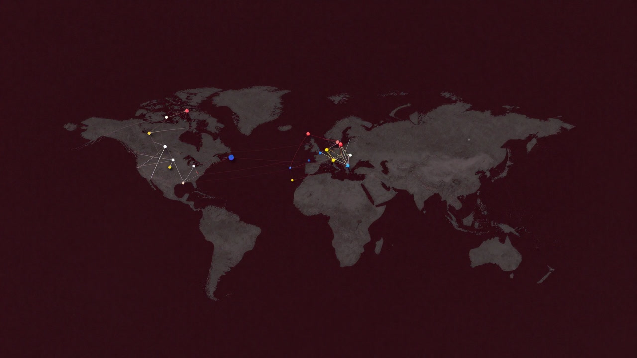 Illustration of colorful data points arranged randomly and then enclosed by lines by an algorithm.