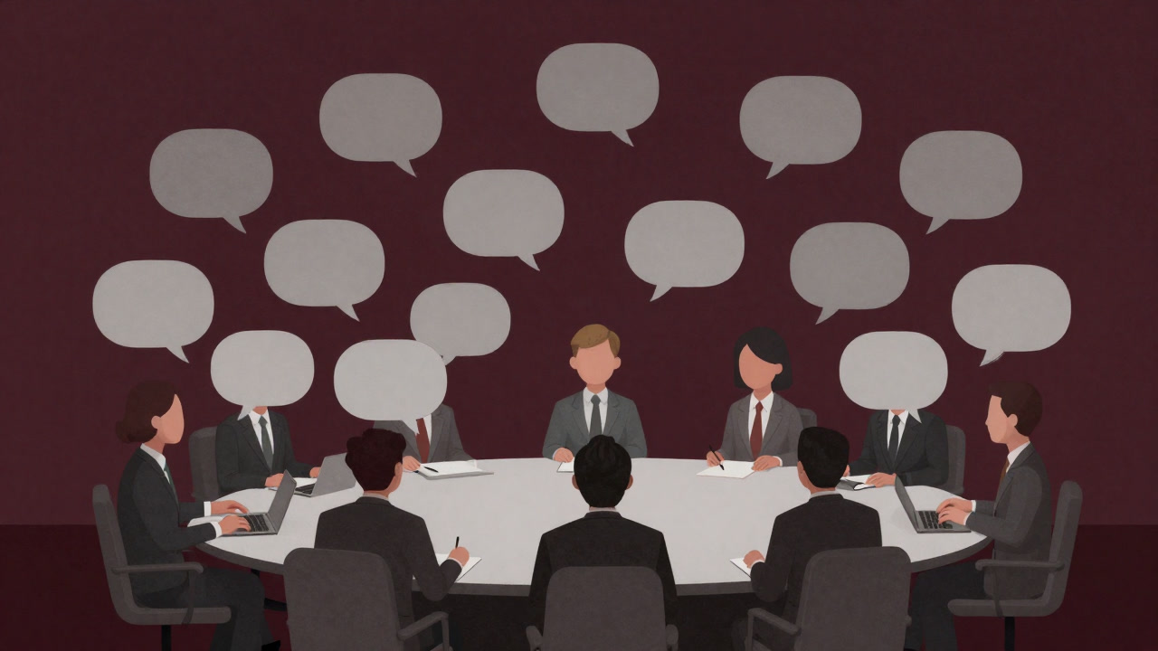 複数の人々が円卓を囲み、空っぽのスピーチバブルが無数に飛び交うイラスト
