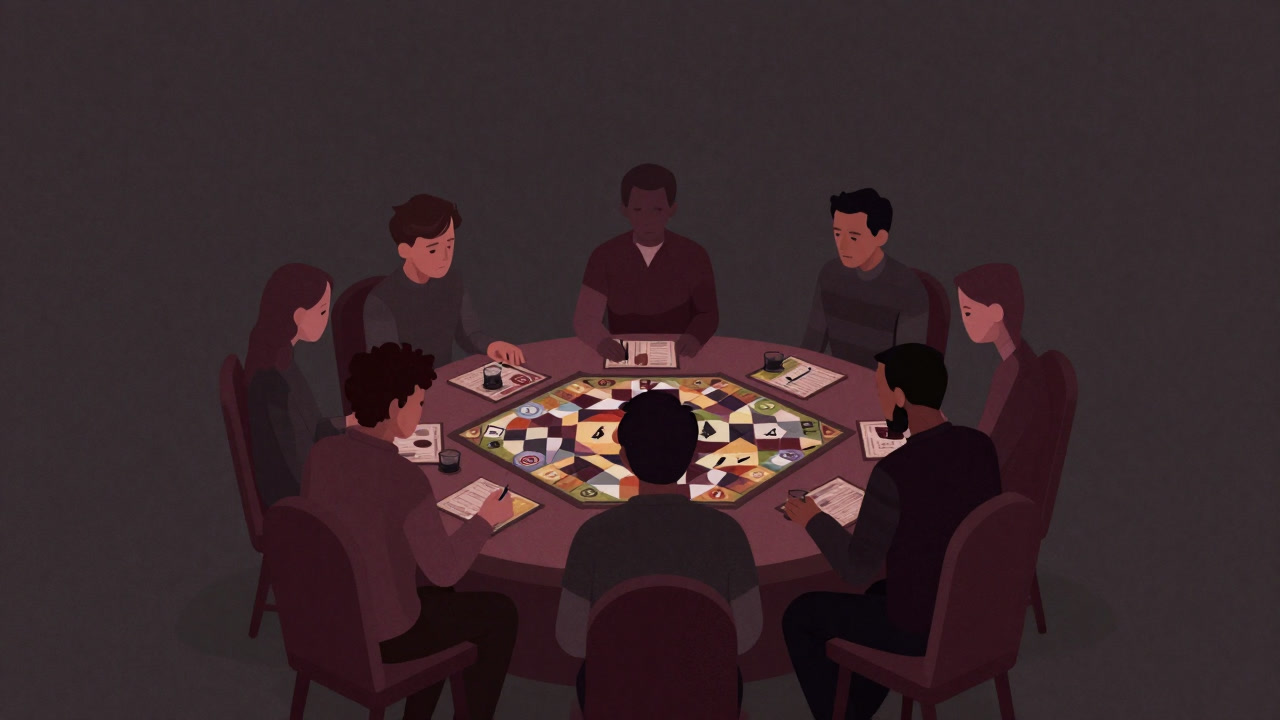 A board-game style scene of people sitting around a table turning away from each other expressionlessly.