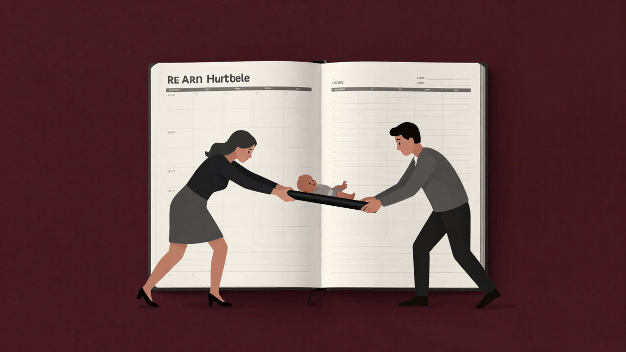 書類に囲まれた両親が子どもをマッチ棒のようにスケジュール帳上でリレーするイラスト