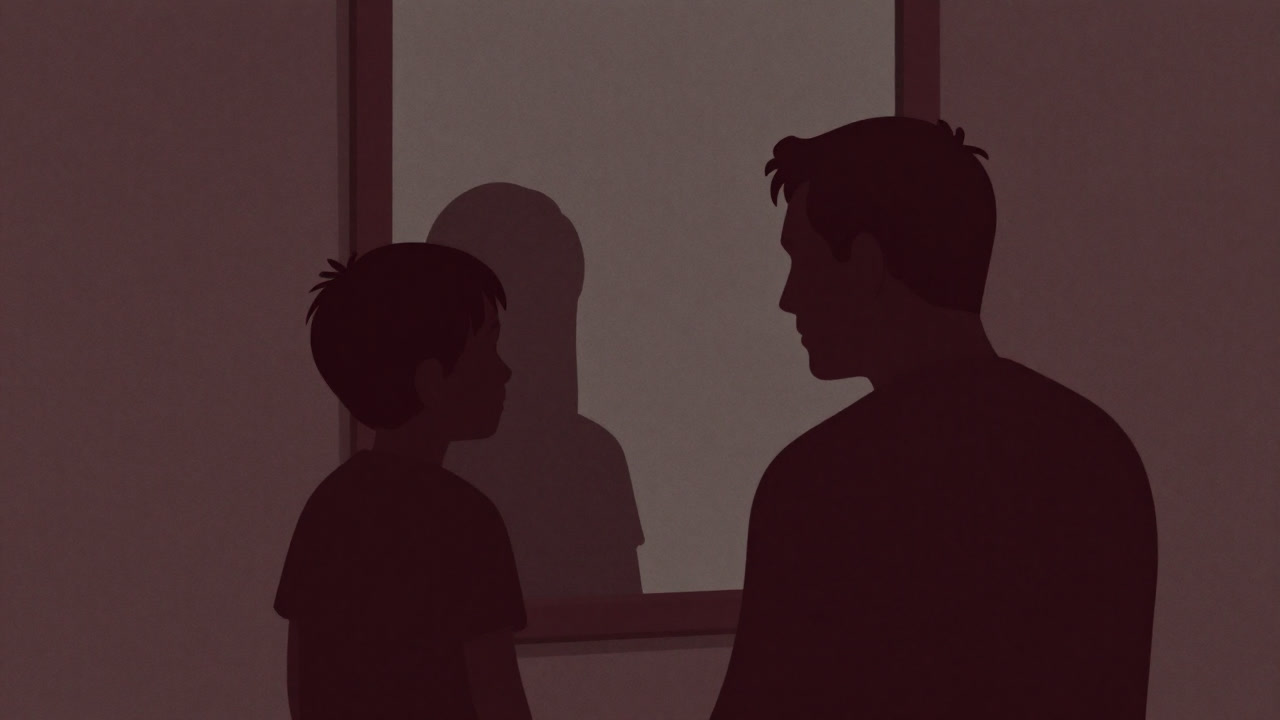 親と子が鏡の前でお互いの表情を真似しあうシルエット