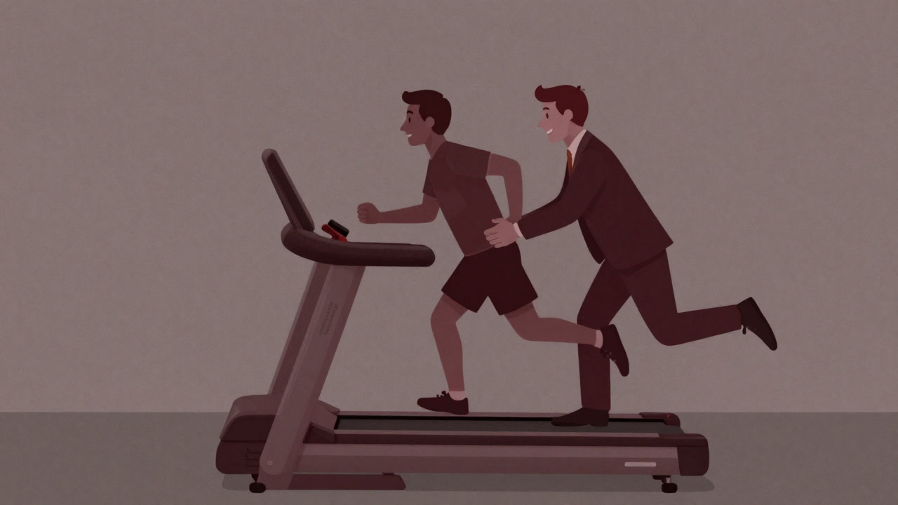 Illustration of a smiling coach gently pushing a client running on an endless treadmill