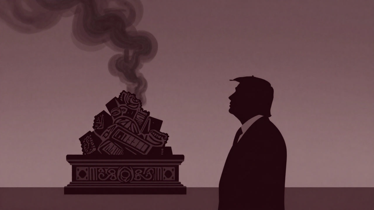 Silhouette of a politician gazing up at a decorative coal amid thick smoke.