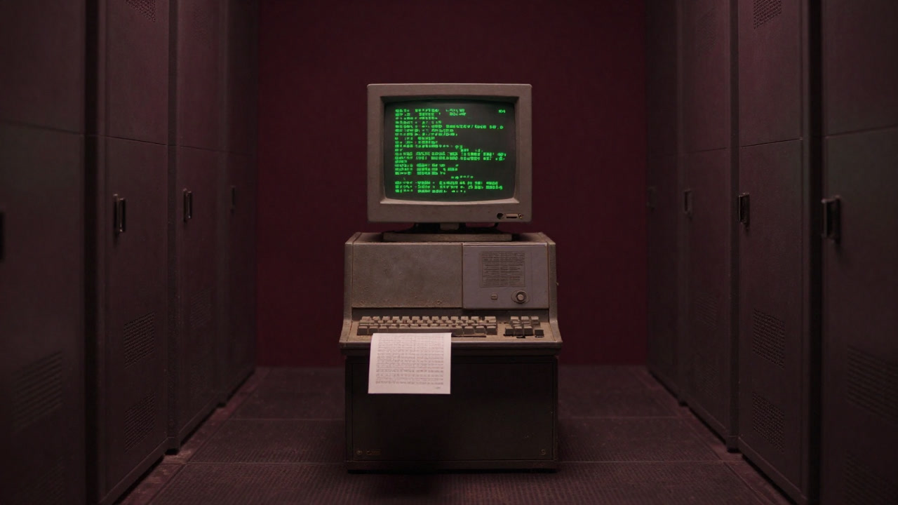 Image of an old COBOL program running on dusty mainframe in a dark data center tunnel