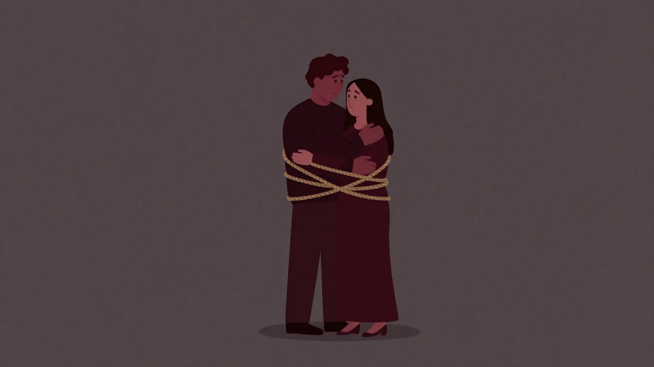 Illustration of two people entwined like ropes unable to let go hugging each other anxiously
