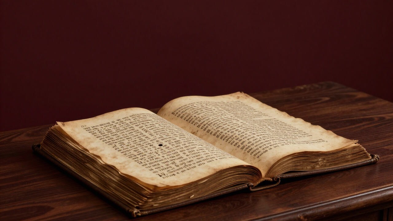 An ancient codex covered in dust, with pages riddled with wormholes, quietly resting.