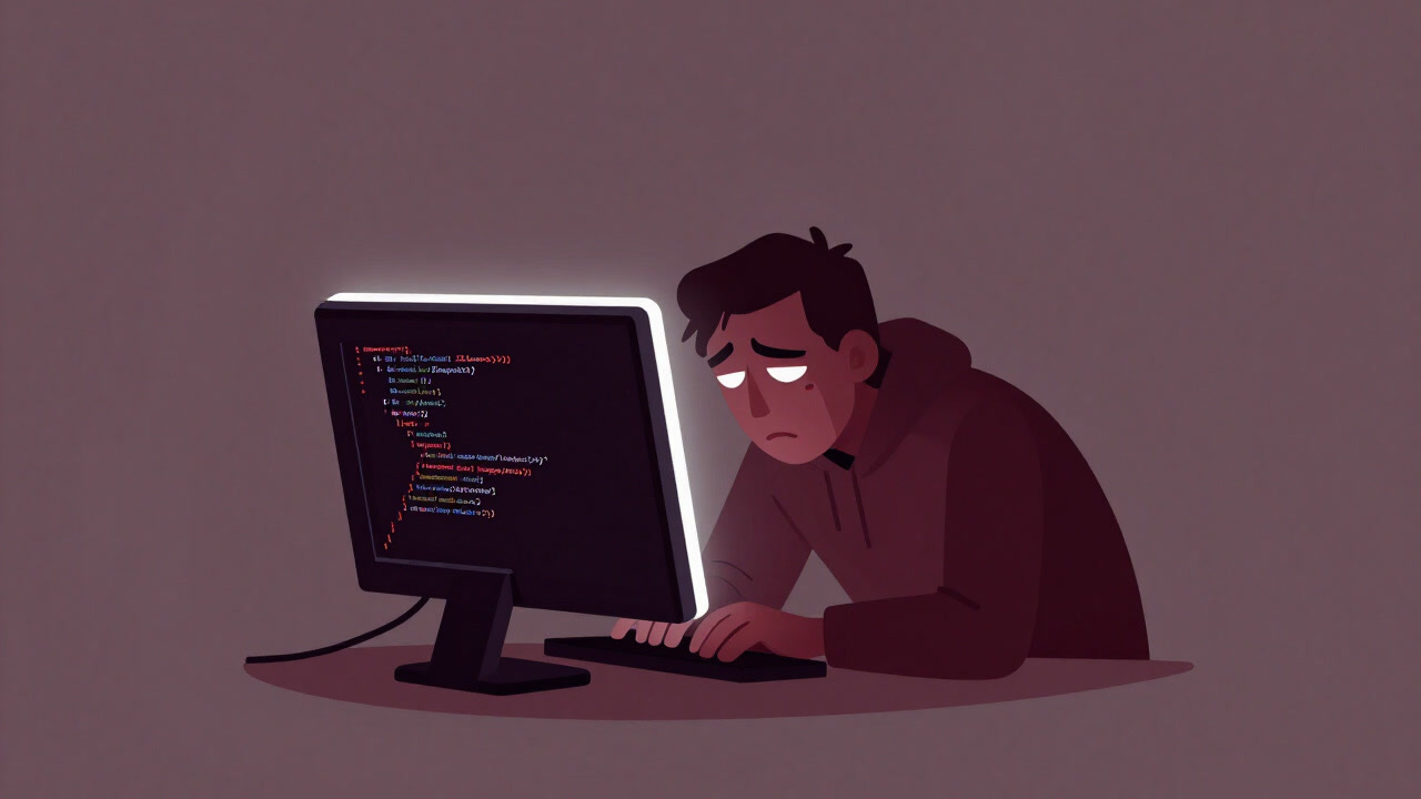 Illustration of an exhausted engineer staring bloodshot at cascading code