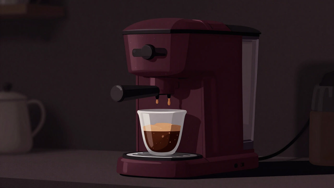 Image of a coffee maker dripping silently in the center of a kitchen counter