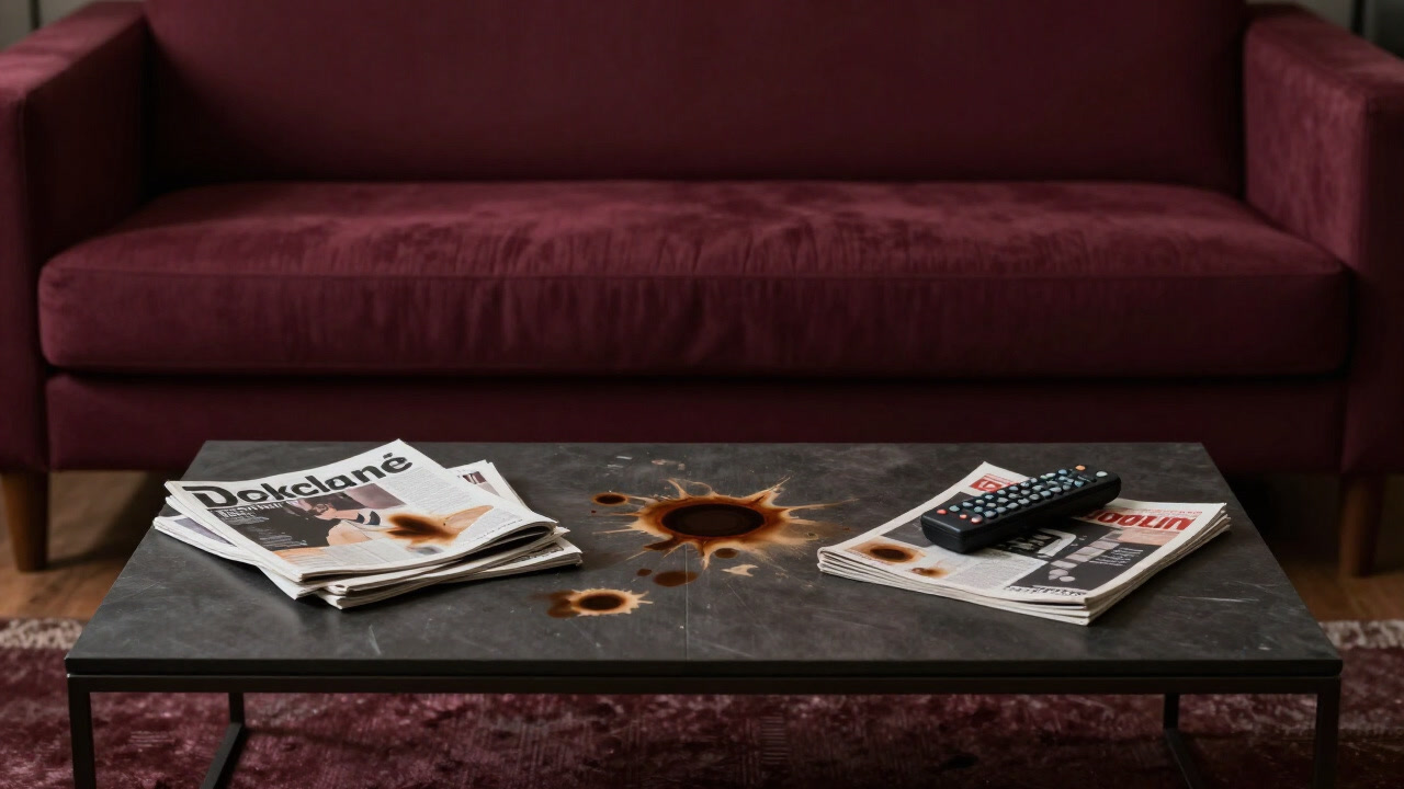 Photo of a low coffee table displaying coffee ring stains and magazines, full of lived-in feeling