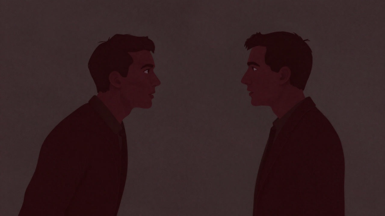 An allegorical illustration depicting words and actions on opposite sides clashing.