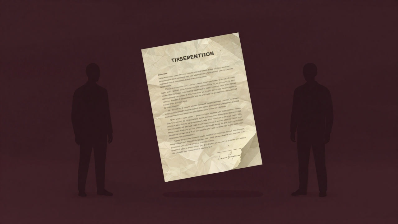 古びた契約書が二人のシルエットの間で微かに揺れ動く、共同生活の不安と期待を映すイメージ