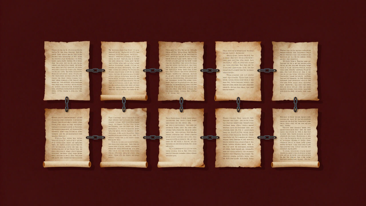 古びた古文書のように折り重なった命題たちが鎖で縛られ、無理やり整然と並べられているイラスト