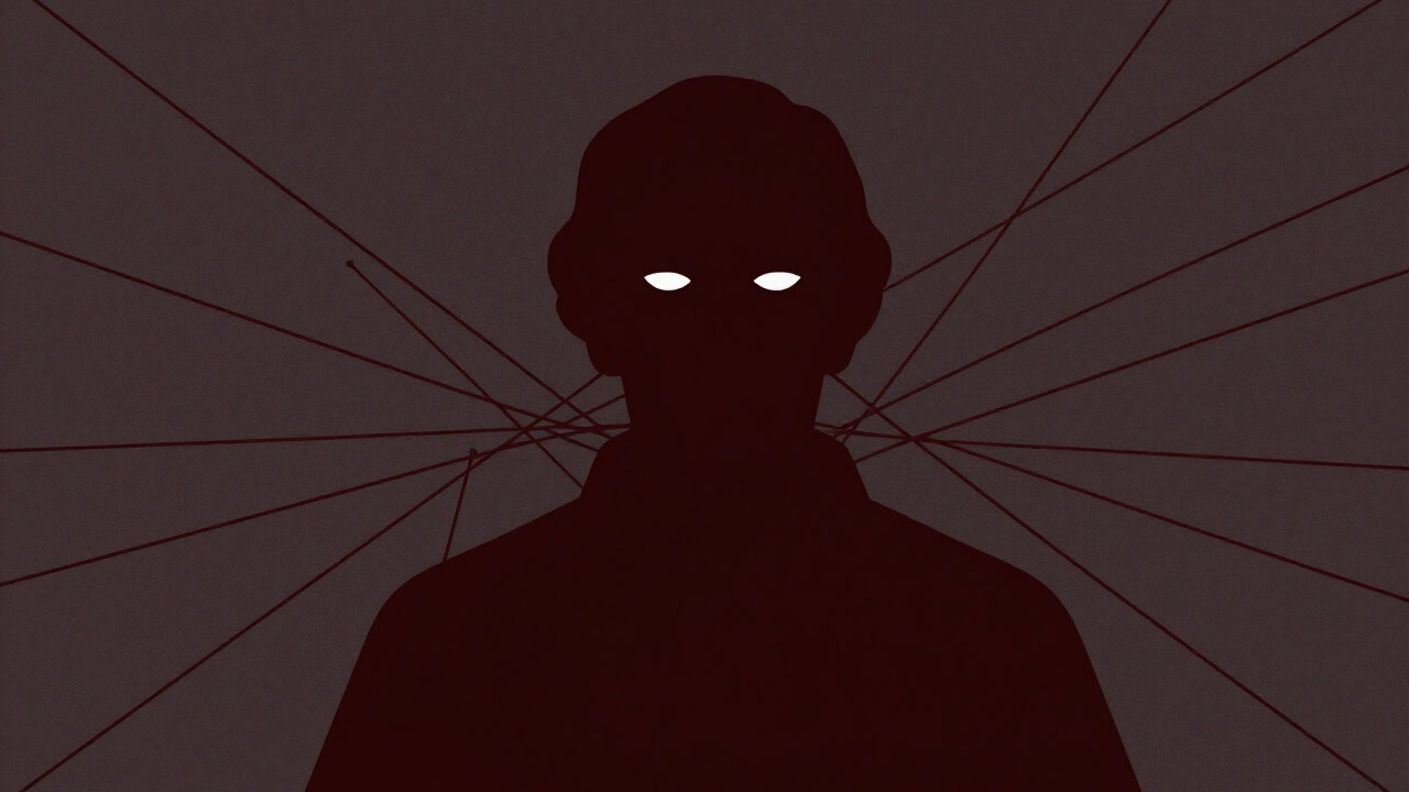 Silhouette of a philosopher gazing sharply against a background of entangled mesh.