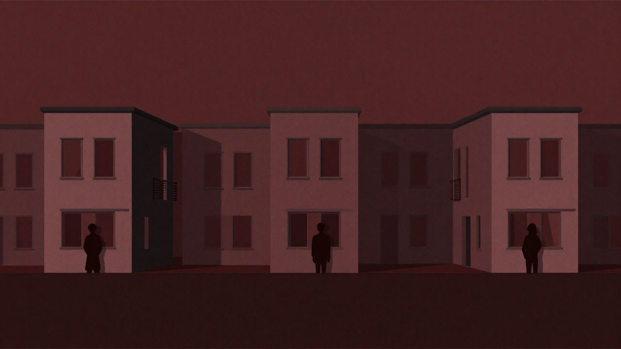 Illustration of cohousing units lined up, shadows of people peeking into each other through windows