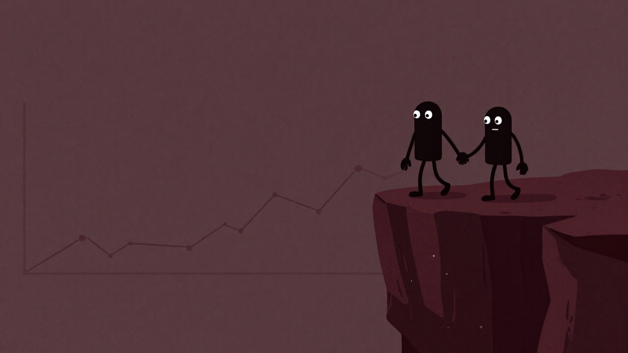 Illustration of two graphs holding hands at the edge of a cliff