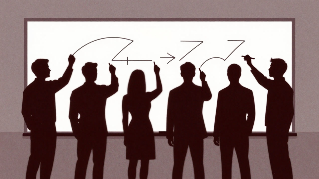 Shadows of multiple figures encircling a whiteboard, all tracing the same diagram with their pens.