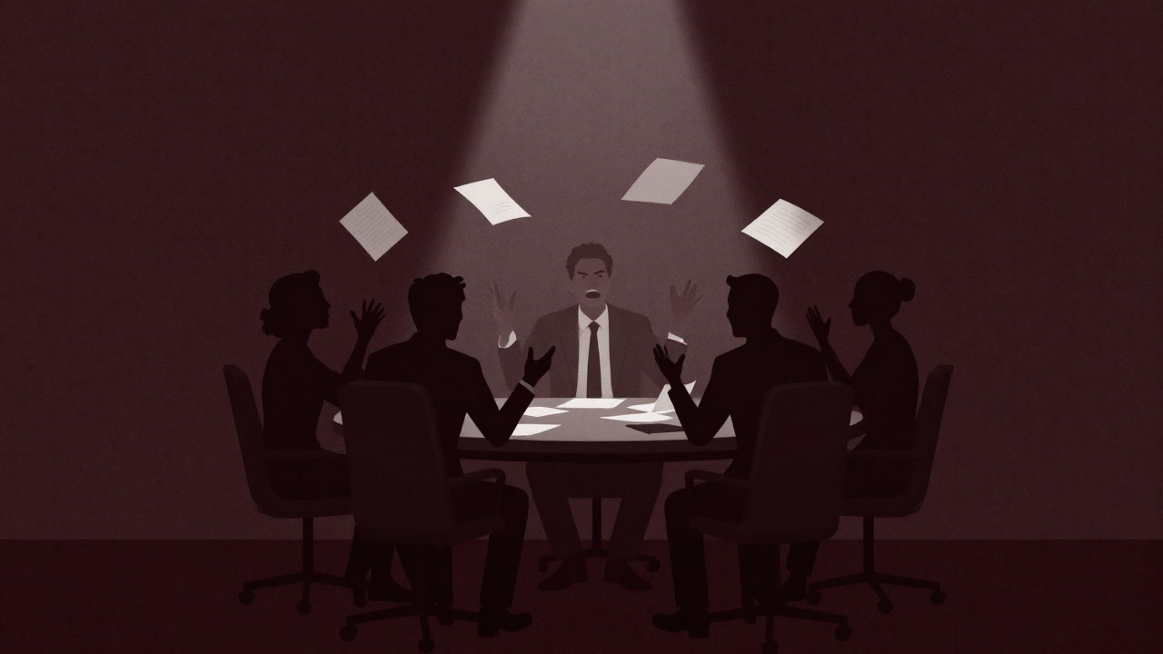 Silhouettes of people around a table in agony trying to make a decision.