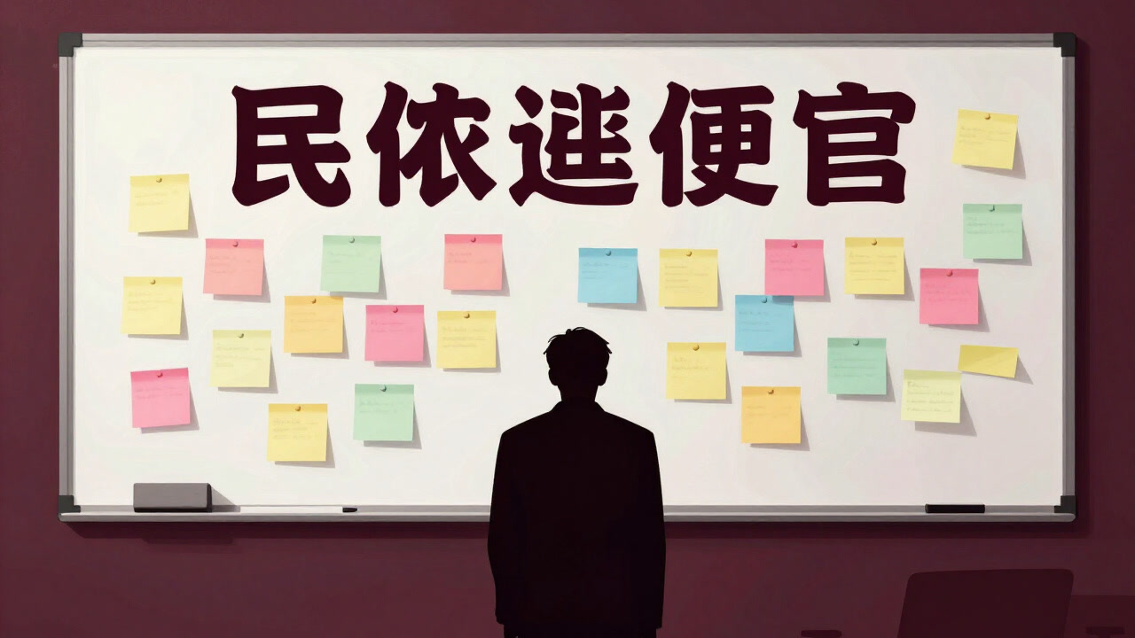 Image of a whiteboard covered in sticky notes in a meeting room, with a lone silhouette standing emptily in the center.