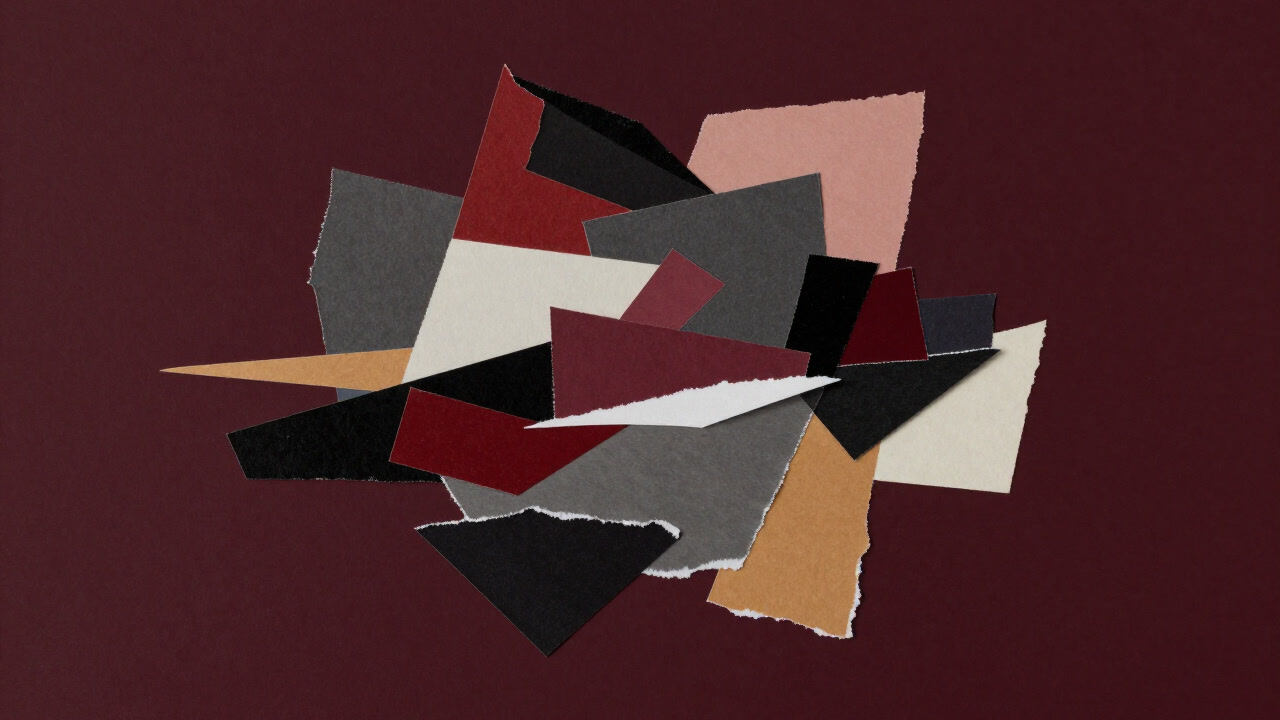 Photo of a collage artwork where colorful paper fragments overlap chaotically yet mesmerizingly.