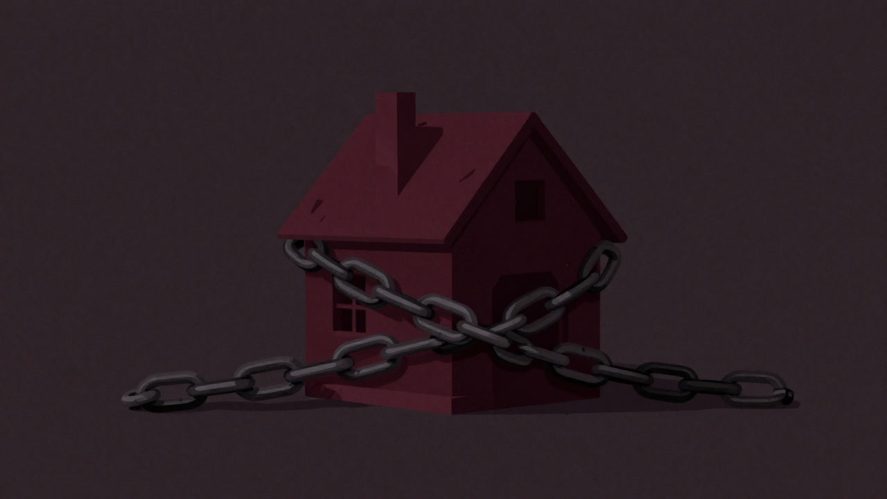Illustration of a house bound by enormous chains, trembling in darkness