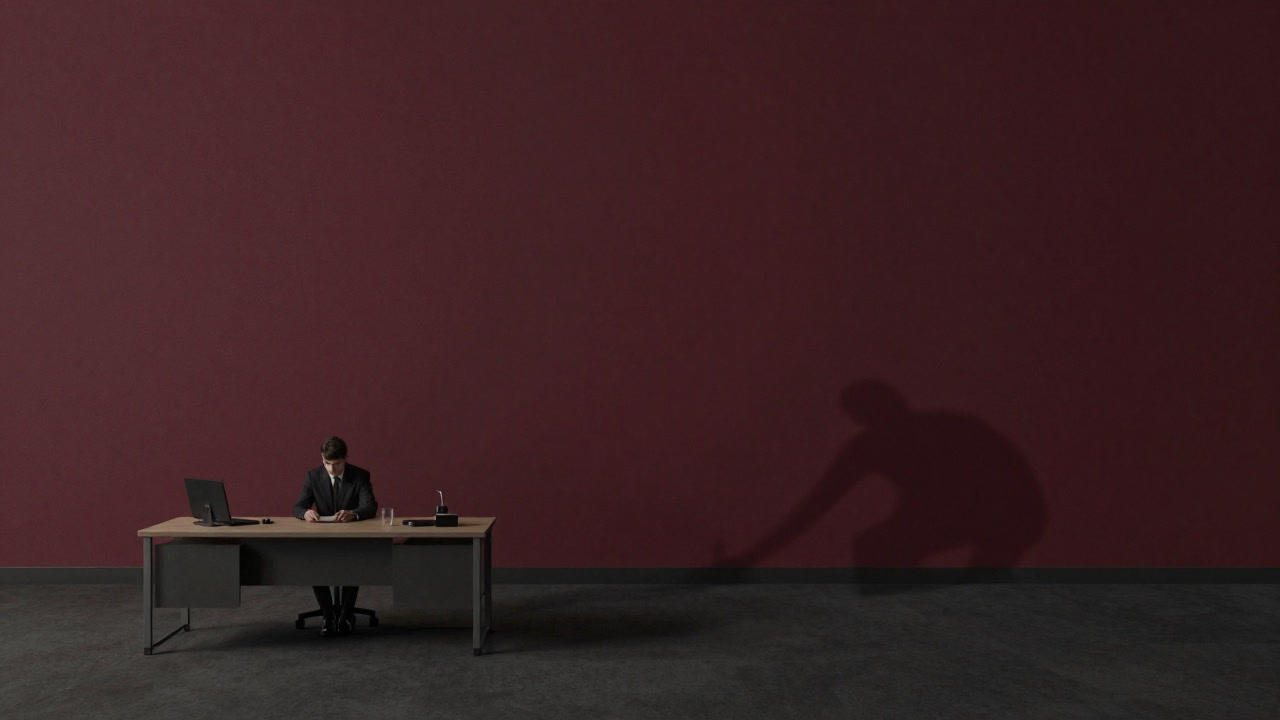 オフィスの壁際で無言の同僚がデスクに座り、暗い影が伸びている写真