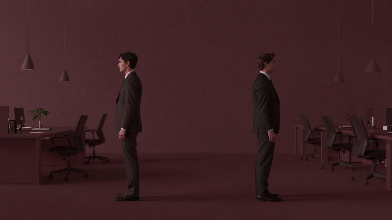 オフィスの一角でソーシャルディスタンスを保ちながら互いに無視し合う二人の同僚が並んでいる画像