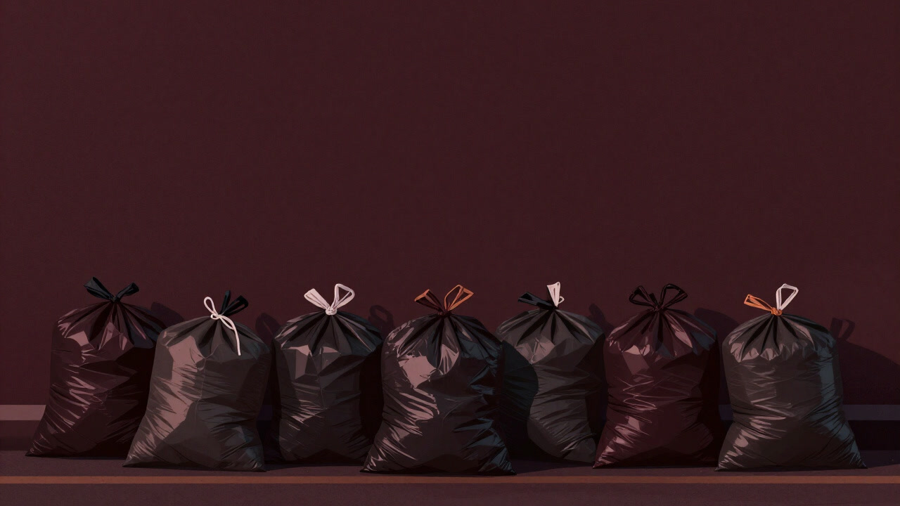 A pile of trash bags at a collection point glowing ominously in the morning sunlight.