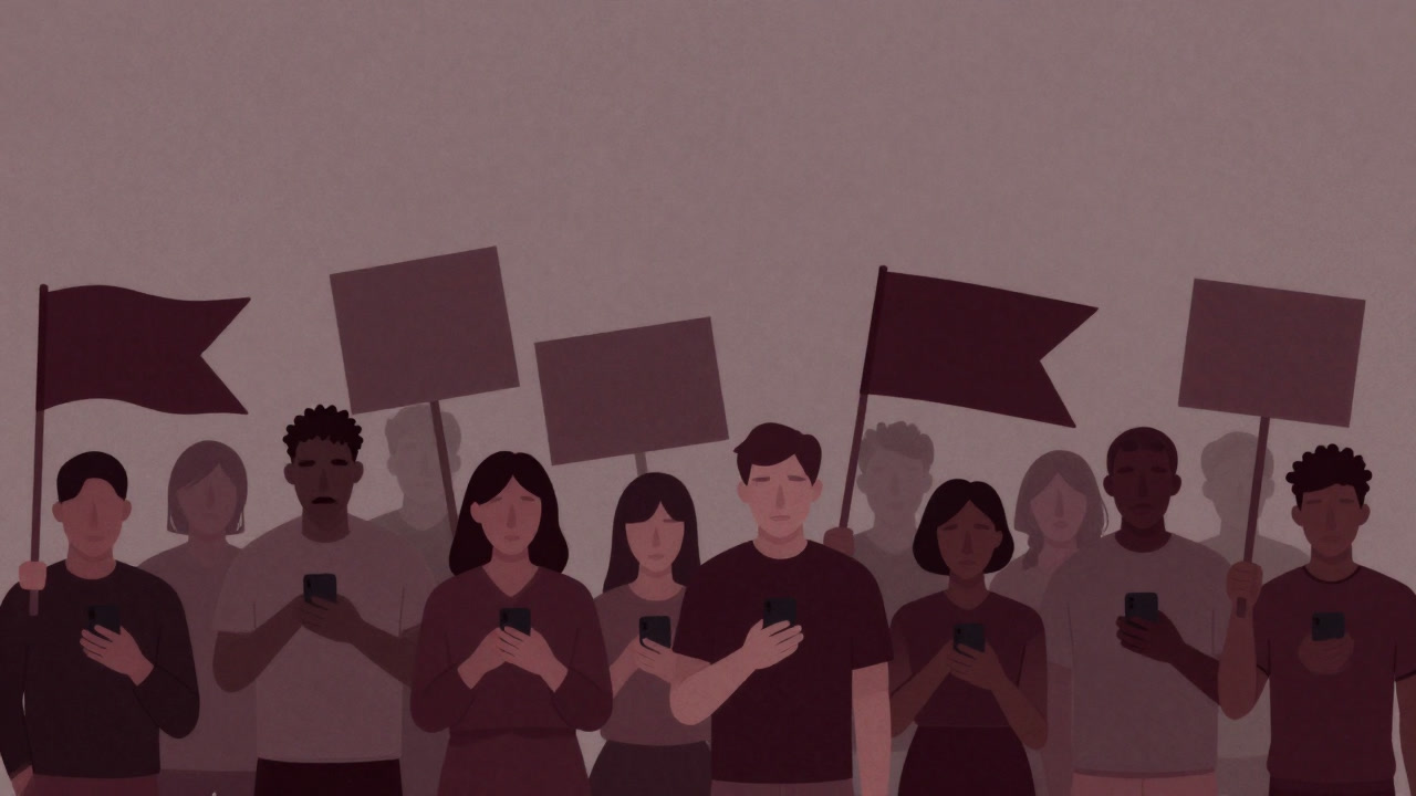 旗やプラカードを掲げた人々がスマホを見つめているイラスト
