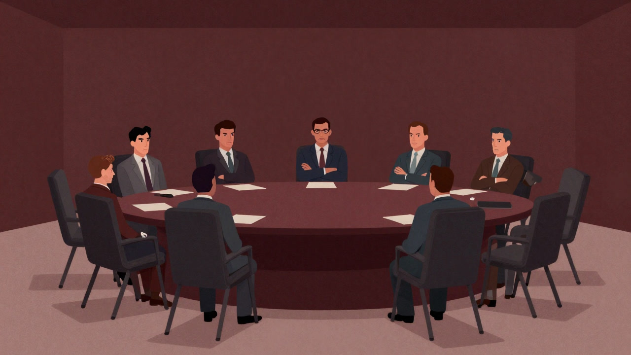 大きな会議テーブルを囲んで腕を組む労働者と経営者が、互いににらみ合う様子