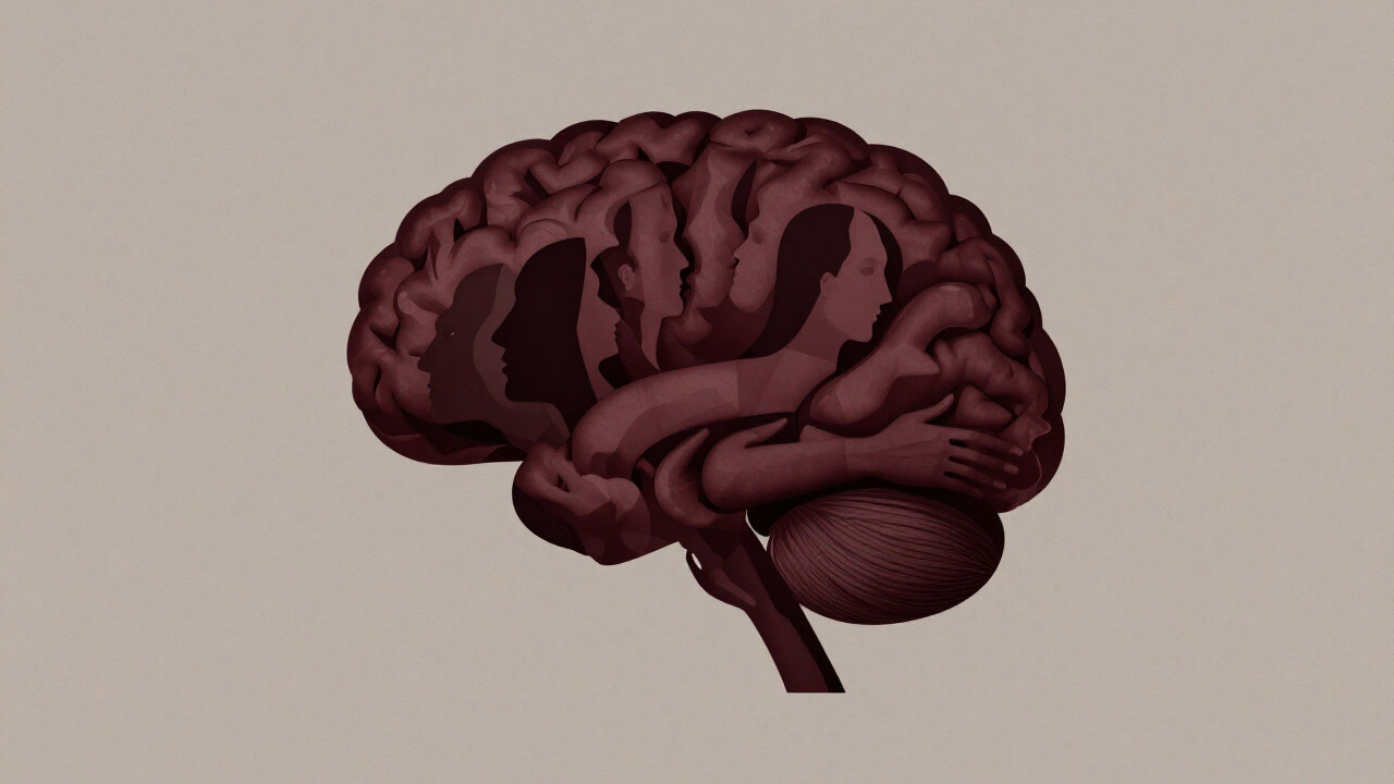 Illustration of an abstract swarm of translucent human silhouettes merging into a single glowing brain