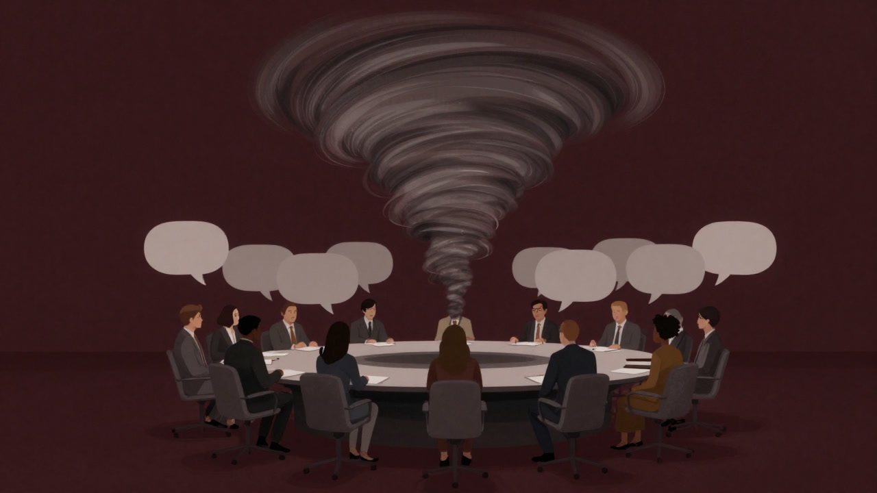 Illustration of a group meeting around a round table where opinions swirl and the conclusion drifts away