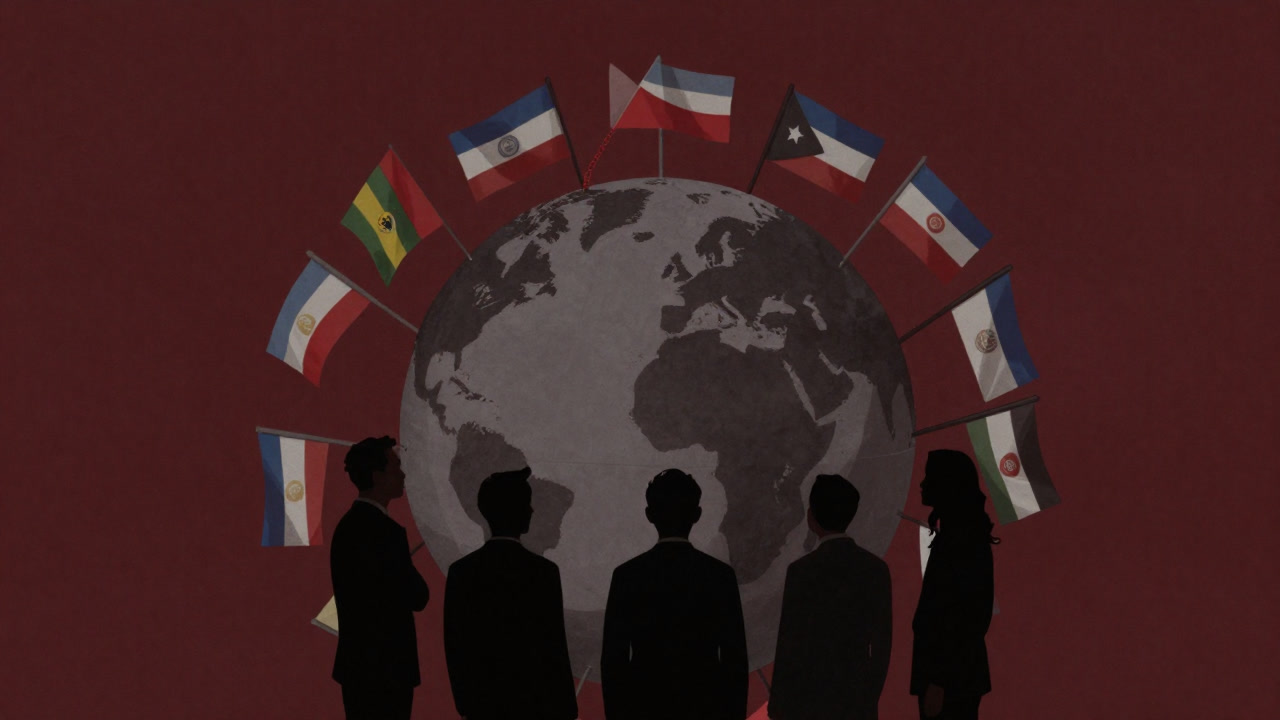 国旗が絡み合い鎖のように結ばれた地球儀を背景に、不安げに見つめ合う国家のシルエット