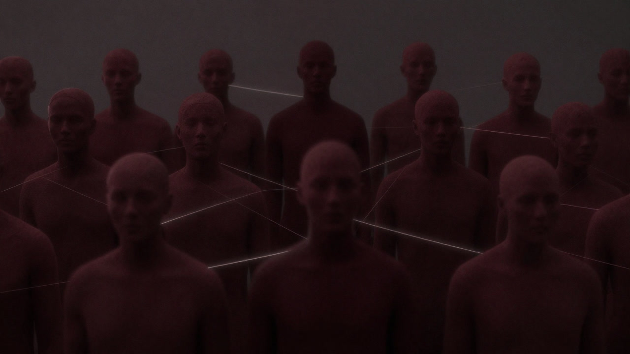 無数の人影が一斉に同じ方向を向き、顔が判別できない群衆のイラスト