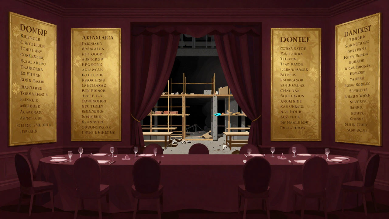 豪華な披露宴会場で寄付者名が刻まれた大きなパネルが並ぶが、裏手の学生食堂の改修工事は滞っている光景