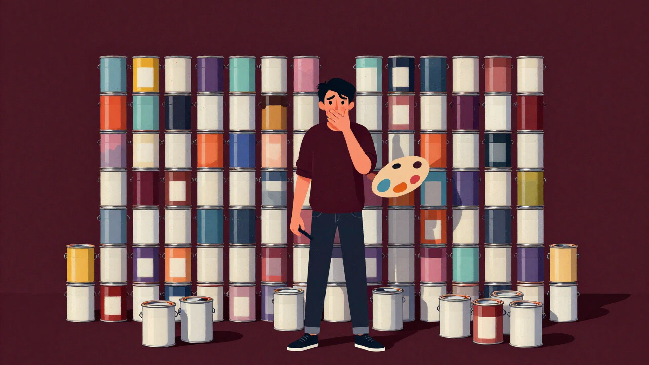 様々な色のペンキ缶が並び、混乱した表情の人間がパレットを眺めるイラスト